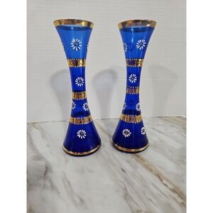 Vtg Cobalt Blue Flower Vases Bud Vase Handpainted Flroal Design With Gold Accent